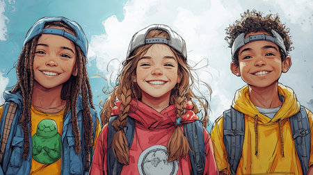 A group of smiling teenage activists standing outdoors. They are wearing casual outfits with backpacks and caps, portraying diversity and unity. The image embodies youth, friendship, and a hopeful future.の素材