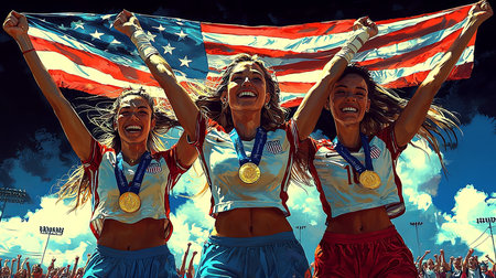 An enthusiastic group of female soccer players celebrate their victory, wearing medals and holding a national flag proudly. The image conveys joy, team spirit, and a sense of achievement.の素材