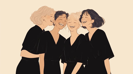 Illustration of four happy women embracing and laughing together, highlighting diversity, friendship, and joy. Their expressions convey warmth and connection, celebrating unity and positive relationships.の素材