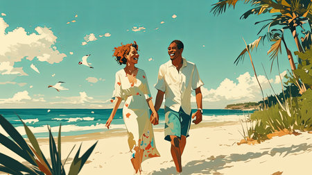 A young couple enjoys a summer vacation, walking hand in hand on a sunny beach surrounded by palm trees and seagulls, capturing a moment of carefree happiness and love.の素材
