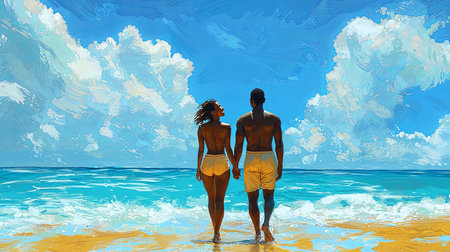 A young couple strolls hand-in-hand along a sandy beach, surrounded by vibrant blue ocean and fluffy clouds, capturing the essence of a tranquil summer vacation.の素材