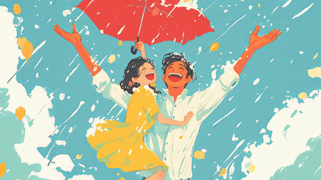 A happy couple embraces in the rain, the woman in a yellow dress, holding a red umbrella. They exude joy and freedom, set against a vibrant blue sky.の素材