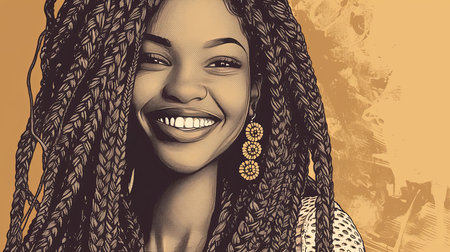 A vibrant portrait of a joyful woman with intricately braided hair, warmly smiling against a textured background, showcasing a sense of happiness and style.の素材