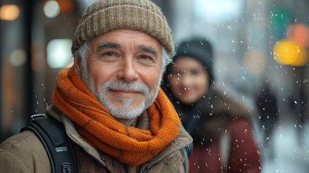 Portrait of a joyful senior man wearing cozy winter attire in a snowy urban setting. His warm expression and the falling snowflakes capture the essence of a cheerful winter day.の素材