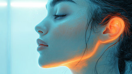 A serene and artistic profile portrait of a woman immersed in cryotherapy, featuring a glowing orange outline. The image captures tranquility and modern wellness in a unique, ethereal style.の素材