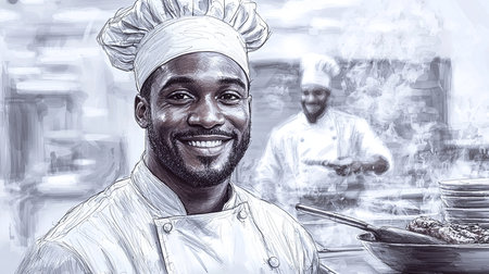A cheerful chef smiles while cooking in a lively restaurant kitchen, showcasing professionalism and culinary passion. The environment is bustling, with steam rising from the stove.の素材