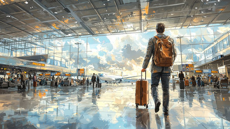 A businessman with a suitcase and backpack walks towards a departure gate in a bright, modern airport terminal. The scene captures the essence of travel, movement, and anticipation.の素材