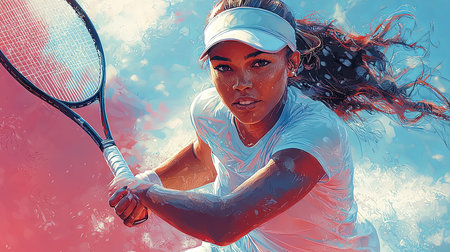 A determined woman in sportswear swings her tennis racket with intensity and focus, ready to make a powerful forehand play on the court. The energy and passion are palpable.の素材