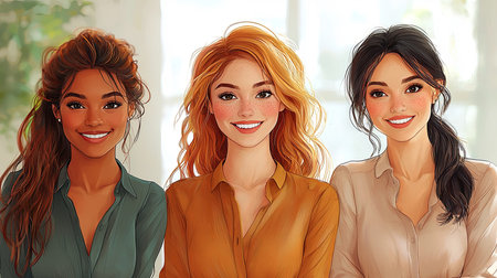 A diverse group of professional women smiling in business attire, conveying confidence, teamwork, and positivity in the workplace. Perfect for themes of diversity, empowerment, and collaboration.の素材