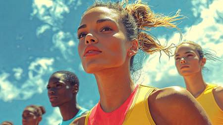 A focused female athlete confidently leads a diverse group of runners under a vibrant blue sky. The image conveys determination, teamwork, and athletic excellence amidst a competitive sporting environment.の素材
