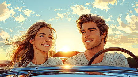 A joyful young couple smiles while driving during a scenic road trip at sunset, capturing the essence of adventure and freedom with the breeze in their hair and a glowing sky.の素材