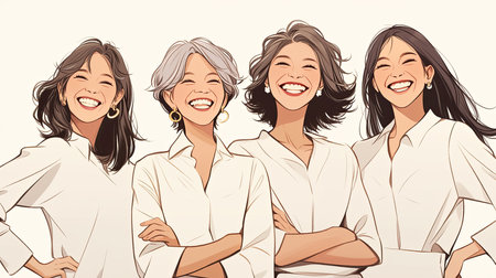 A diverse group of women of various ages smile joyfully, embodying happiness, confidence, and unity. Their expressions and casual attire depict celebration and empowerment.の素材