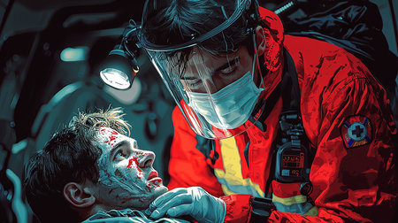 A dedicated emergency paramedic wearing protective face shield and mask tends to a wounded patient inside an ambulance. The scene captures urgency and professionalism in emergency medical situations.の素材