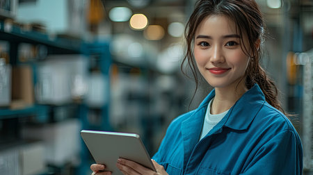 A young Asian factory technician wearing a blue uniform, smiling while holding a tablet. This image captures the essence of modern industrial work, blending technology with human expertise in a warehouse environment.の素材