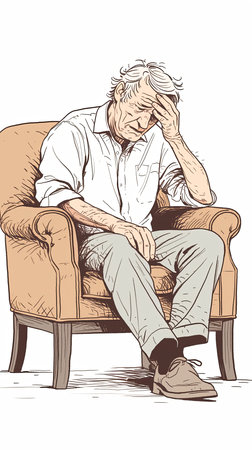A middle-aged man sits in an armchair, holding his head in frustration, depicting feelings of stress and unhappiness. The image captures the essence of personal struggle and emotional distress.の素材