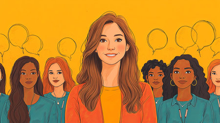 This illustration features a diverse group of women standing together against a vibrant orange background, symbolizing empowerment, unity, and confidence with speech bubbles indicating communication and collaboration.の素材