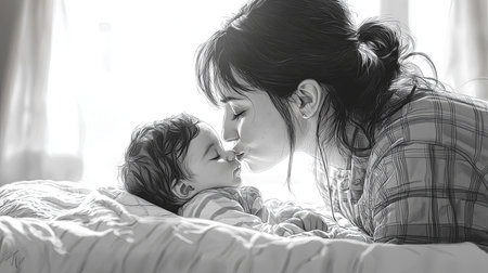 A mother gently kisses her sleeping newborn, capturing a tender moment of love and connection in a softly lit room.の素材