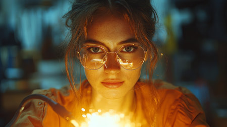 A young contemporary female artist intensely focuses on her welding task, creating sparks. The image captures creativity, craftsmanship, and determination, reflecting the modern art practice.の素材