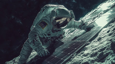 Astronaut performing an extravehicular activity, installing solar panels on a space object. The image captures the vastness and mystery of outer space, highlighting technology and exploration.の素材