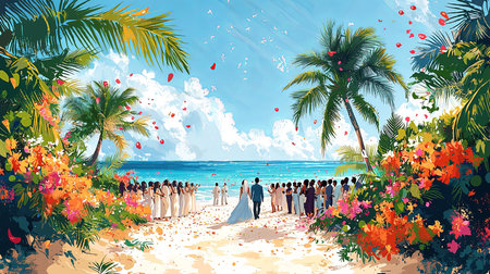 A picturesque tropical beach wedding with colorful flowers, palm trees, and a couple surrounded by guests. A perfect scenic setting for a joyous celebration by the sea.の素材