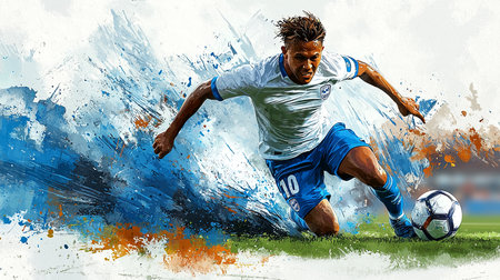 A captivating image capturing a soccer player in motion against a vibrant, artistic background. The dynamic composition highlights speed and skill, evoking the excitement of the sport.の素材