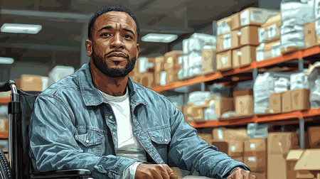 A confident middle-aged man in a wheelchair smiles in a bustling warehouse. He wears a denim jacket, exuding an air of determination and positivity amid a backdrop of stacked boxes.の素材