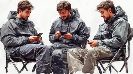 A young man in a motion capture suit sits on a chair, engrossed in his smartphone. The image conveys focus and modern technology in a casual setting.の素材