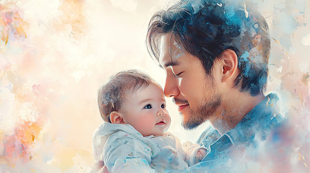 A heartwarming portrait capturing a young father and his baby daughter sharing a tender moment. The image evokes feelings of love, care, and familial bonding amidst a soft, artistic background.の素材