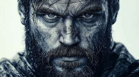 Close-up of a fierce medieval warrior with a gritty expression, reflecting strength and determination. The rugged face and deep gaze convey the intensity of battle and resilience.の素材