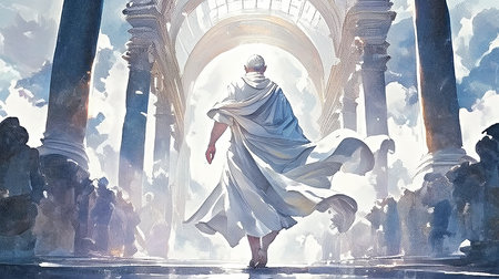 A serene and majestic figure in flowing robes walks gracefully through a grand, sunlit church corridor. The scene evokes tranquility, spirituality, and awe with its high arches and divine light.の素材