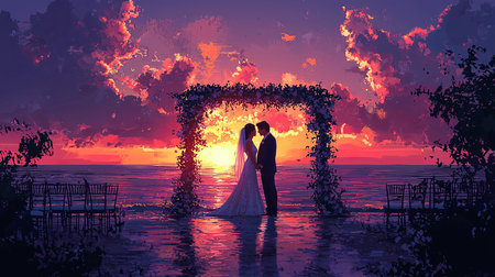 A stunning scene of a bride and groom standing under a floral arch by the ocean during a vibrant sunset, evoking love, serenity, and beauty.の素材