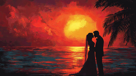 A couple, silhouetted in an artistic portrayal, shares a romantic moment on the beach during a vivid sunset, with palm trees framing the serene ocean view.の素材