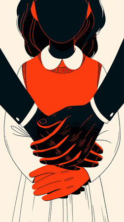 Illustration depicting multiple hands gently embracing a young person, symbolizing care and compassion. The contrast of colors emphasizes strength, support, and empathy in a nurturing relationship.の素材