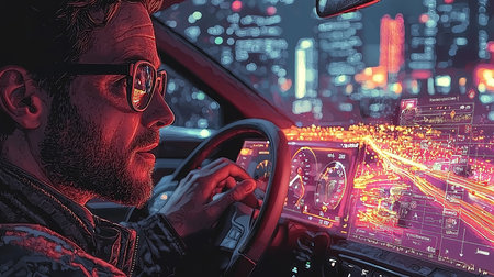 A stylish businessman navigates a futuristic car through a vibrant city. The dashboard is illuminated with digital overlays, creating a modern and dynamic scene.の素材