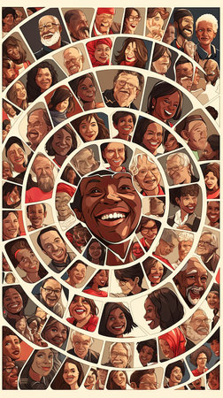 A vibrant collage showcasing smiling faces of people from diverse backgrounds arranged in a captivating spiral. This image celebrates diversity, happiness, and community with an artistic flair.の素材