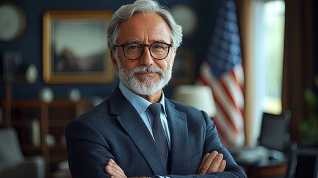 A middle-aged politician stands confidently in a modern office, reflecting leadership and professionalism. The presence of the flag signifies authority and governance.の素材