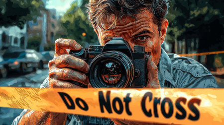 A policeman captures photos at a crime scene using a camera, with 'Do Not Cross' tape in the foreground, depicting investigation and forensic analysis.の素材