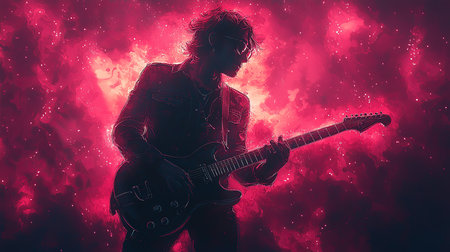 A dynamic rock guitarist passionately plays on stage, surrounded by vibrant pink visuals, creating an electrifying atmosphere of music and energy. Ideal for themes of music, performance, and creativity.の素材