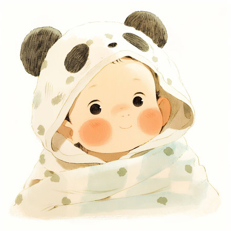 Charming illustration of a cute baby wrapped in a panda-themed hooded blanket. The artwork captures innocence and joy, showcasing a delightful expression and warm-inspired style.の素材
