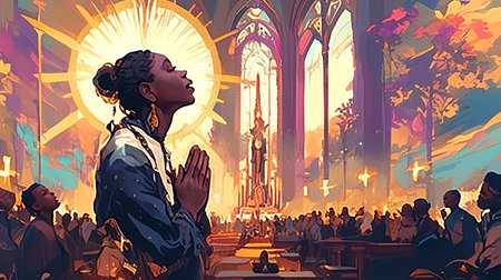 A serene scene of an African American woman praying in a colorful, illuminated church. The vibrant stained glass and spiritual atmosphere evoke deep feelings of faith and contemplation.の素材