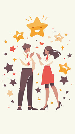 Illustration of two business professionals celebrating positive customer satisfaction and feedback. Surrounded by happy stars and symbols conveying success and achievement. Ideal for business, success, and feedback themes.の素材