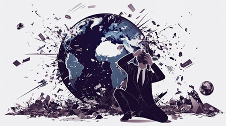 A businessman in a suit, depicted in a digital art style, cradles his head in despair as the world fragments behind him, symbolizing crisis and chaos.の素材