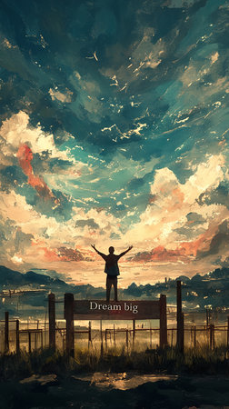 A silhouetted figure stands with arms raised under a colorful sky. The artwork conveys inspiration and determination to dream big despite challenges.の素材