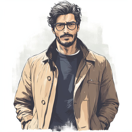 A stylish man in eyeglasses, wearing a jacket, stands confidently. The artistic style combines modern fashion with a classic touch, conveying a sense of sophistication and elegance.の素材