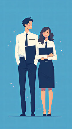 Illustration of a smiling man and woman wearing formal attire, holding laptops. They represent confident business professionals working together, conveying teamwork, success, and a positive work environment.の素材