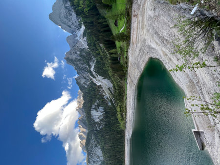 A breathtaking view of a tranquil lake surrounded by majestic mountains and lush forest under a...