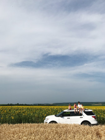 A family enjoys a road trip adventure, sitting atop their car in a picturesque sunflower field. The...