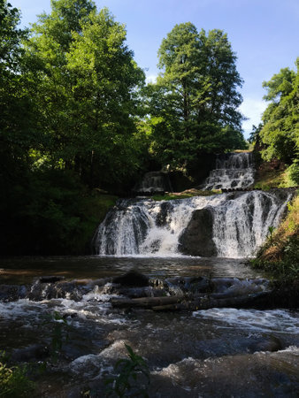 A serene waterfall cascades through lush green trees, creating a peaceful and natural landscape. This picturesque scene evokes tranquility and the beauty of untouched nature.の写真素材