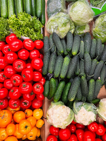 A vibrant display of fresh vegetables including tomatoes, cucumbers, lettuce, and cauliflower at a market. Perfect for illustrating healthy food choices and natural produce.の写真素材