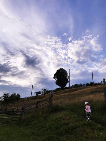 A child walks uphill in a countryside setting, with a lone tree and wooden fence, beneath a wide expanse of dramatic clouds.の写真素材